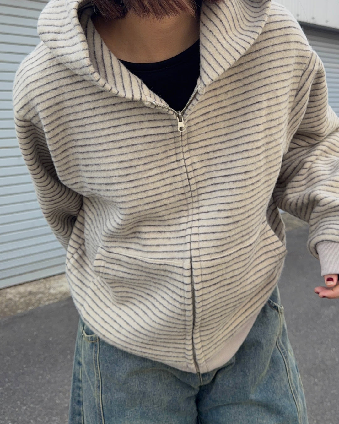 Striped Zip-Up Knit Hoodie K3049