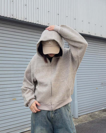 Striped Zip-Up Knit Hoodie K3049