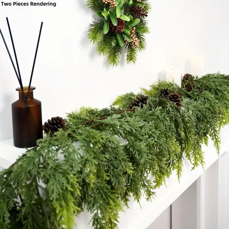 Lush Artificial Cedar Garland 72" with 10 artificial pine cones - Decorative Plant for Home Party Wedding DIY Real Touch Pine Garlands Decorative Greenery Fruit summerwins