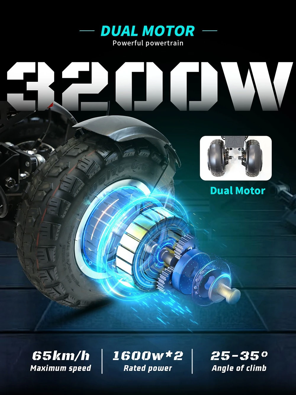 OOTD T30 Folding Electric Scooter, 1600W*2 Motor, 60V 31.2Ah Battery, 13 inch Off-road Tires, 65km/h Max Speed, 100km Max Range, Hydraulic Disc Brakes, Front Hydraulic & Rear Spring Suspension, 200kg Max Load