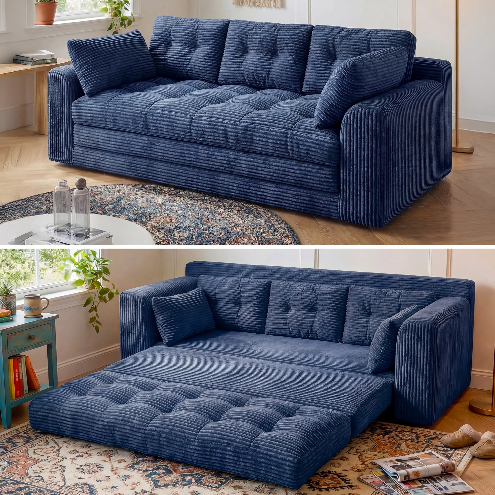 2-3 Seater Folding Convertible Sofa Bed, Boneless Pull-Out Sleeper Sofa with Pillows, Tufting Corduroy Upholsted Foldable Floor Couch Comfy Lounge with High Resilience & High Density Foam for Small Space Living Room Bedroom, Black, Gray, White