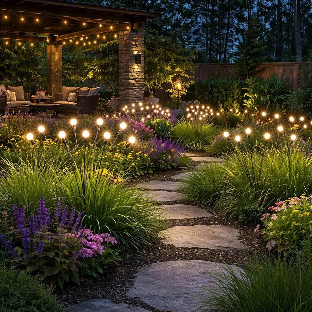 Outdoor Solar Firefly Lights, 4/8 Pack Waterproof Garden Stake Lights with Auto Dusk-to-Dawn Glow, 32/64 LED Bulbs for Yard, Patio, Pathway, Walkway & Landscape Decor