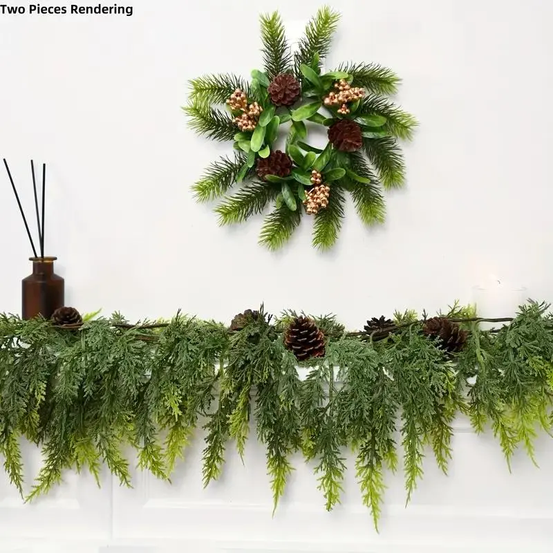 Lush Artificial Cedar Garland 72" with 10 artificial pine cones - Decorative Plant for Home Party Wedding DIY Real Touch Pine Garlands Decorative Greenery Fruit summerwins