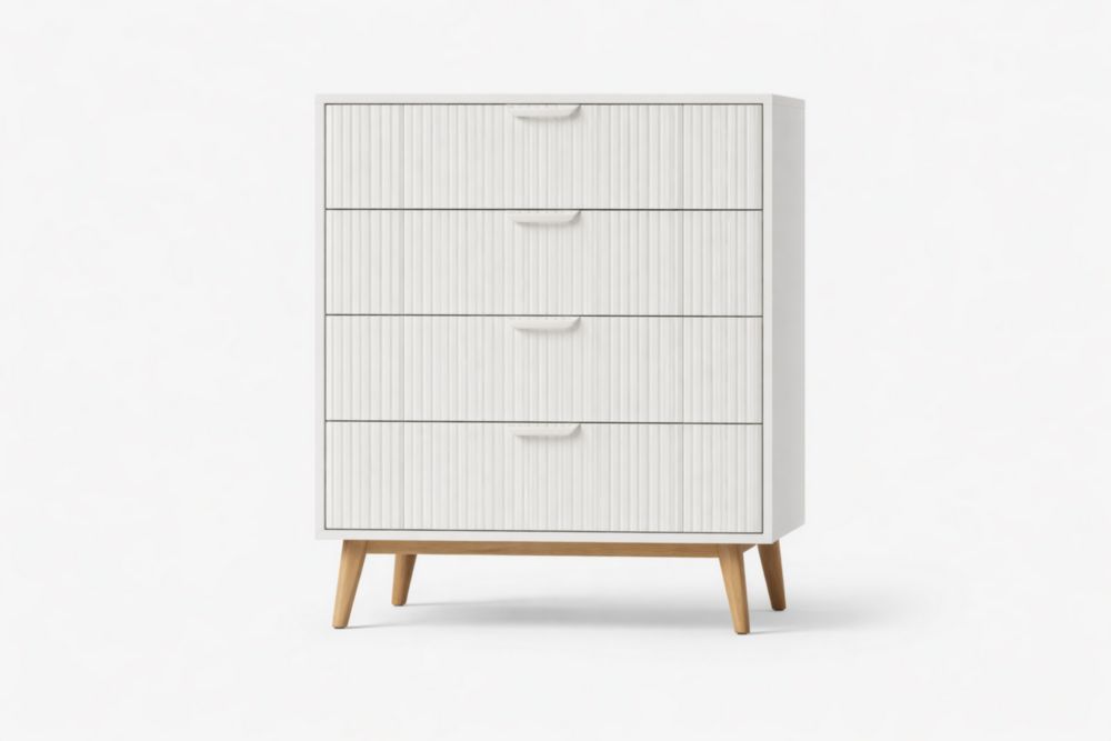 Commode 4 Tiroirs MDF Blanc et Bois