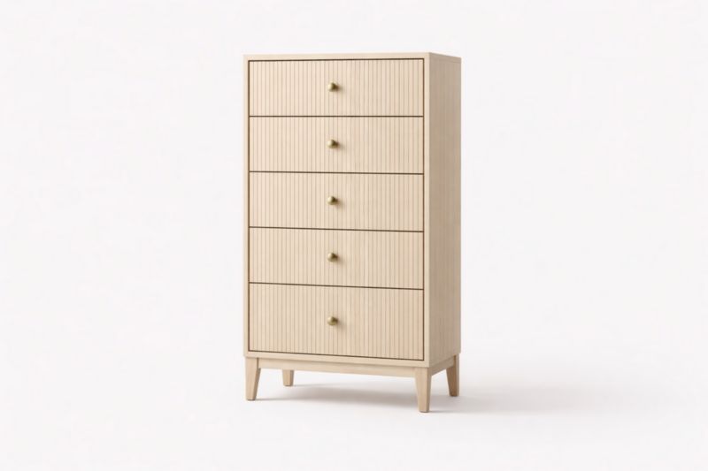 Commode Haute 5 Tiroirs Bois de Chêne Beige