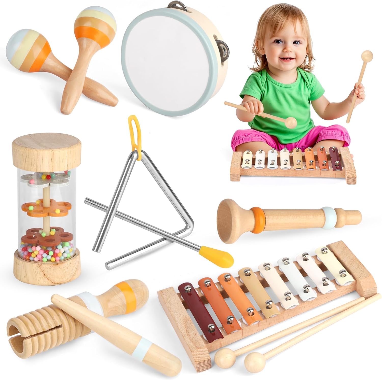 Instrumentos Musicales Infantiles 1 2 3 4 5 Años, Juguetes de Madera Instrumentos de Percusión con Xilofono Maracas Tambor Juguete Musicales Juegos Montessori Niños Niñas Regalos Bebe Cumpleaños