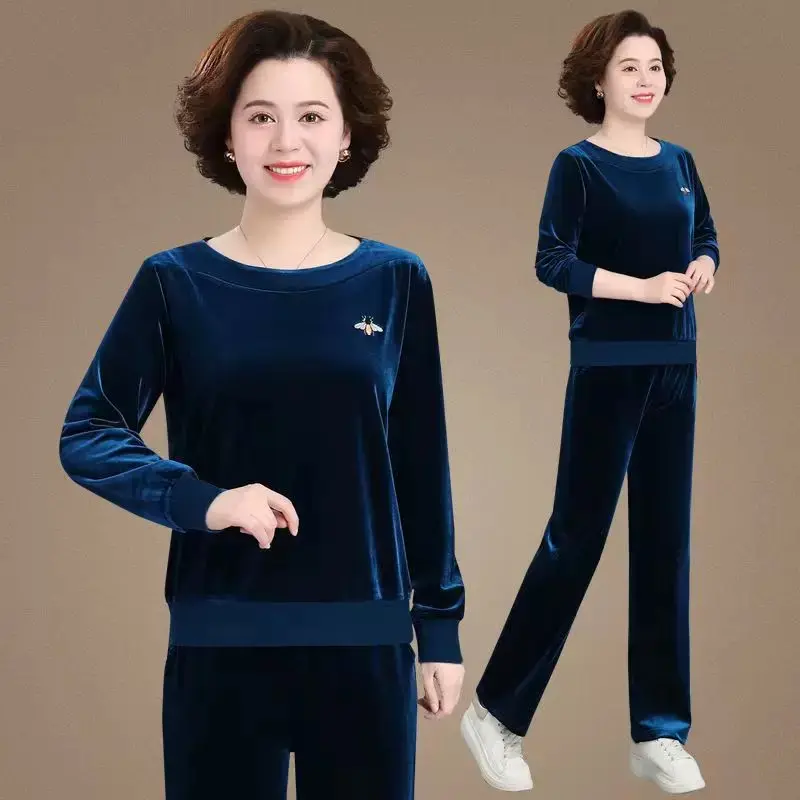 Costum sport casual din catifea aurie, toamnă（Top + pantaloni）