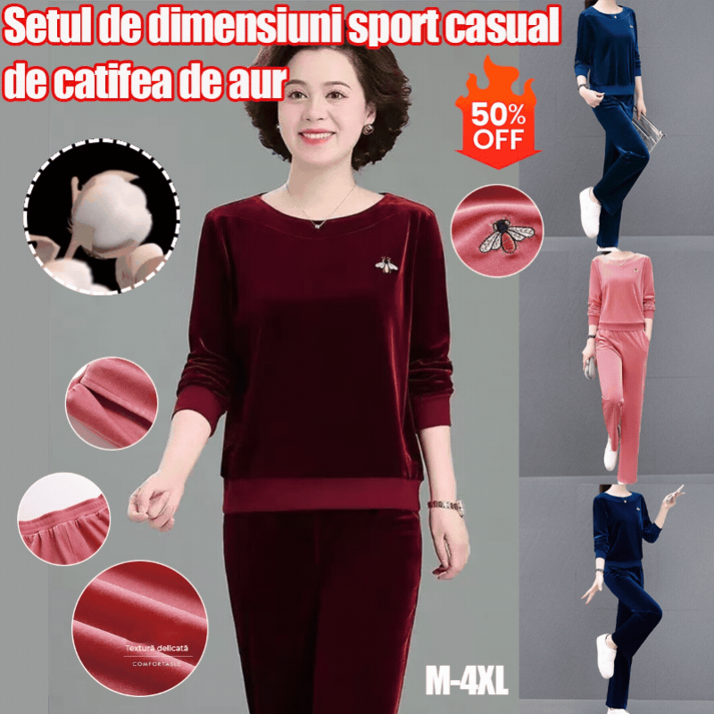 Costum sport casual din catifea aurie, toamnă（Top + pantaloni）
