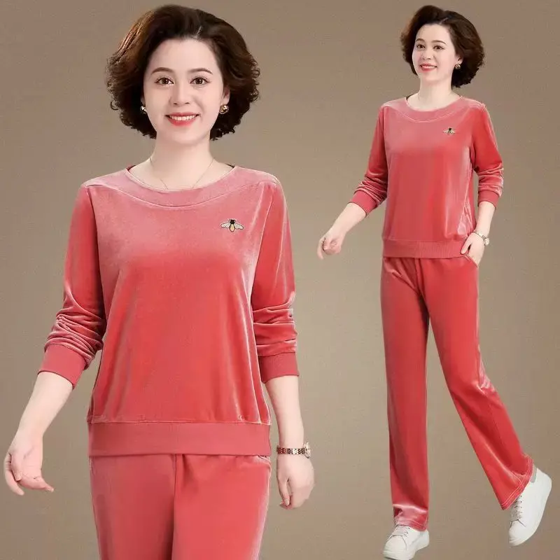 Costum sport casual din catifea aurie, toamnă（Top + pantaloni）