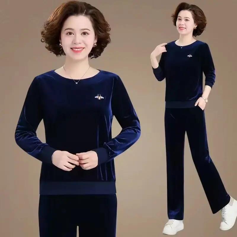 Costum sport casual din catifea aurie, toamnă（Top + pantaloni）