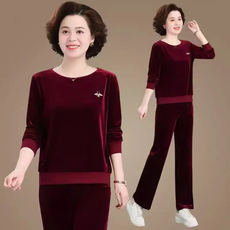 Costum sport casual din catifea aurie, toamnă（Top + pantaloni）