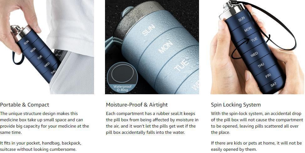 Metal Travel Pill Organizer, Portable Waterproof Weekly Pill Box, Large Aluminum Alloy Container, BPA Free 7 Day Daily Medicine Organizer Holder for Vitamin, Fish Oil, Supplement Storage box Metal Travel Pill Organizer, Portable Waterproof Weekly Pill Box, Large Aluminum Alloy Container, BPA Free 7 Day Daily Medicine Organizer Holder for Vitamin, Fish Oil, Supplement Storage box