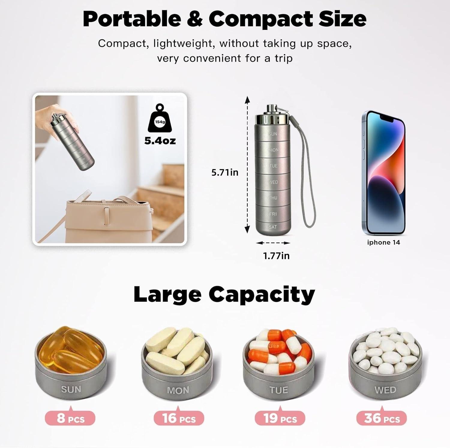 Metal Travel Pill Organizer, Portable Waterproof Weekly Pill Box, Large Aluminum Alloy Container, BPA Free 7 Day Daily Medicine Organizer Holder for Vitamin, Fish Oil, Supplement Storage box Metal Travel Pill Organizer, Portable Waterproof Weekly Pill Box, Large Aluminum Alloy Container, BPA Free 7 Day Daily Medicine Organizer Holder for Vitamin, Fish Oil, Supplement Storage box