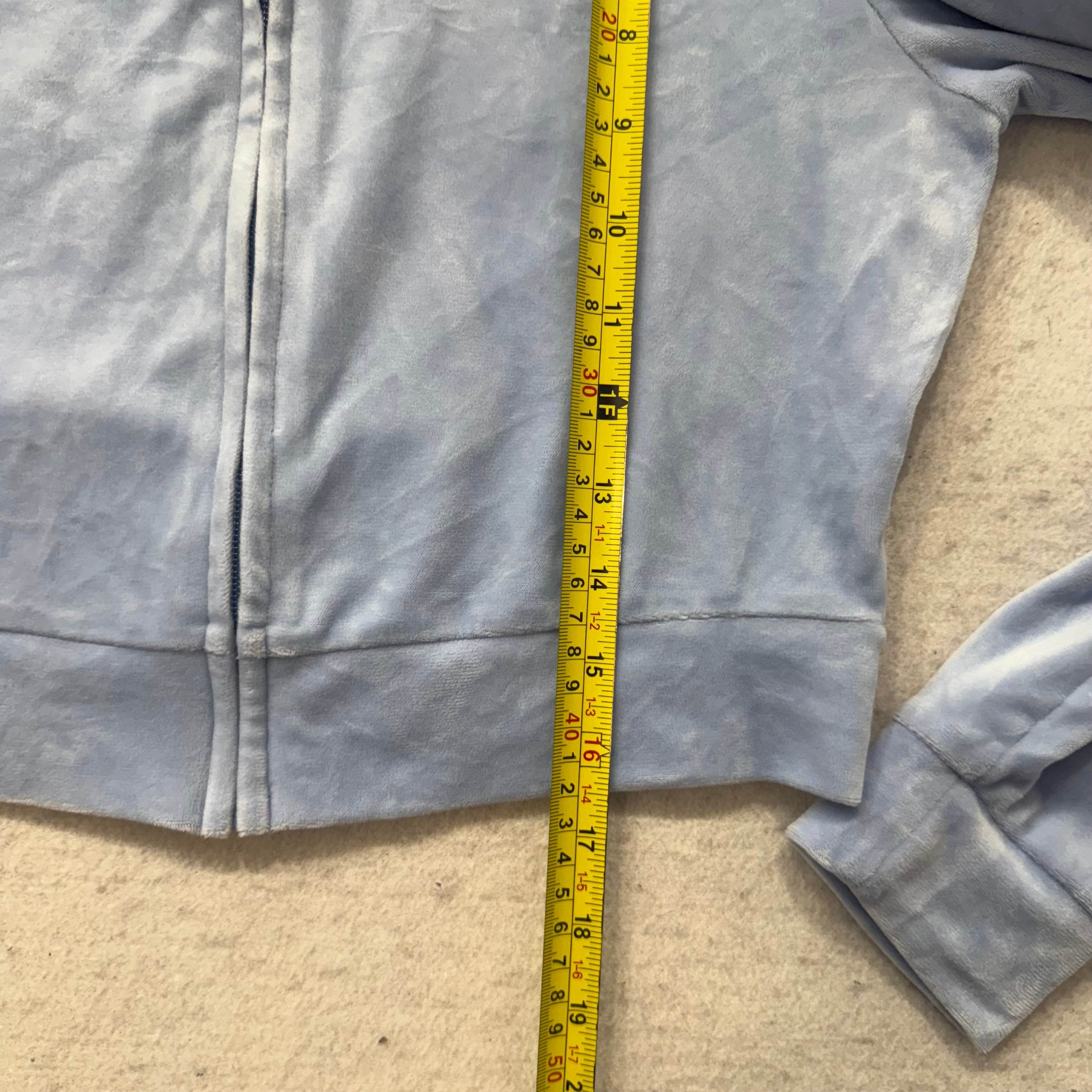 Juicy Couture Women Powder Blue Velour Zip Up Cropped Hoodie Graphic Logo Size S-Coordom