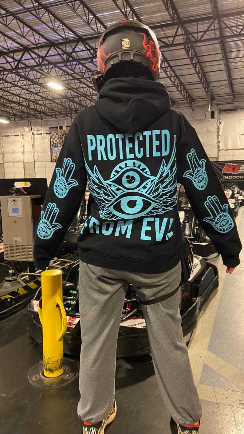 Protected From Evil Blue Reflective Hoodie - loose fit unisex nighttime essential riding pullover-Coordom