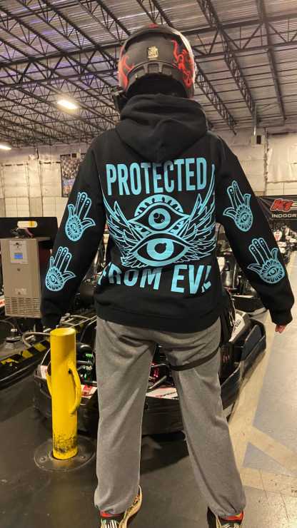 Protected From Evil Blue Reflective Hoodie - loose fit unisex nighttime essential riding pullover-Coordom