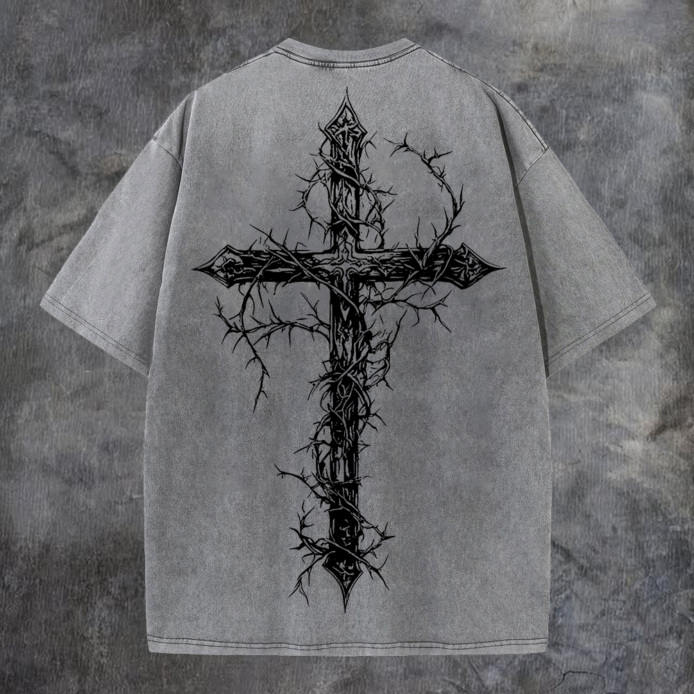 Thorned Cross Printed Men's Washed Tee-Coordom