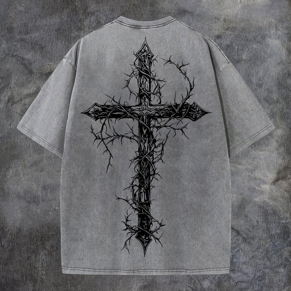 Thorned Cross Printed Men's Washed Tee-Coordom