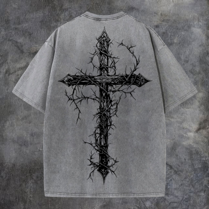 Thorned Cross Printed Men's Washed Tee-Coordom