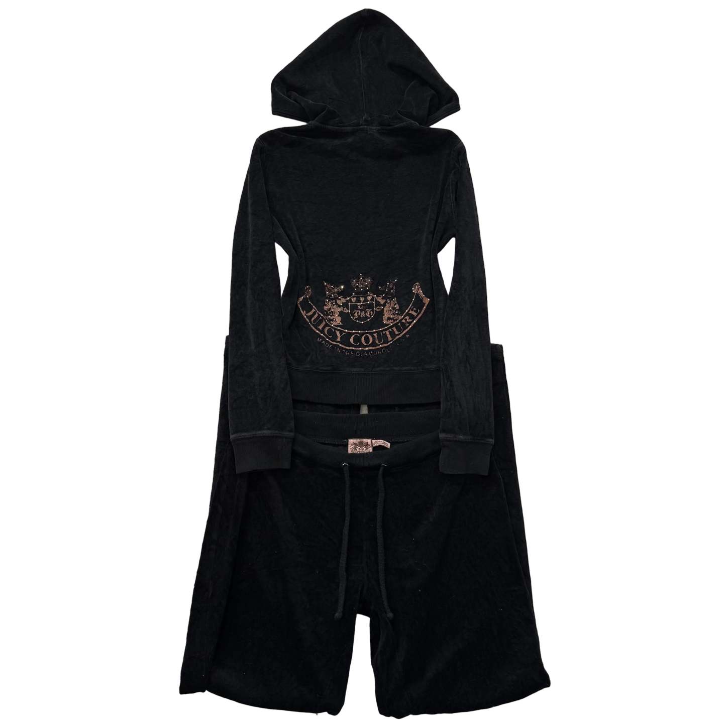 Juicy Couture Black Velour Tracksuit Set Zip Up Hoodie & Flared Pant Logo Size S-Coordom