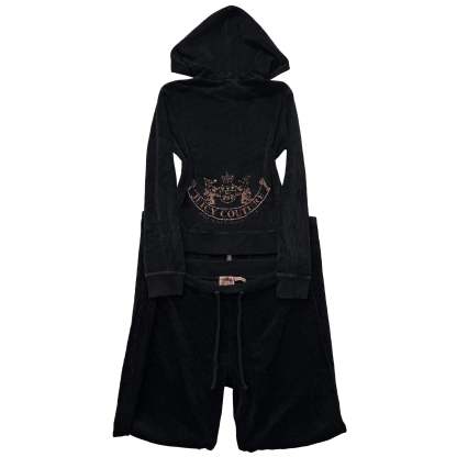 Juicy Couture Black Velour Tracksuit Set Zip Up Hoodie & Flared Pant Logo Size S-Coordom