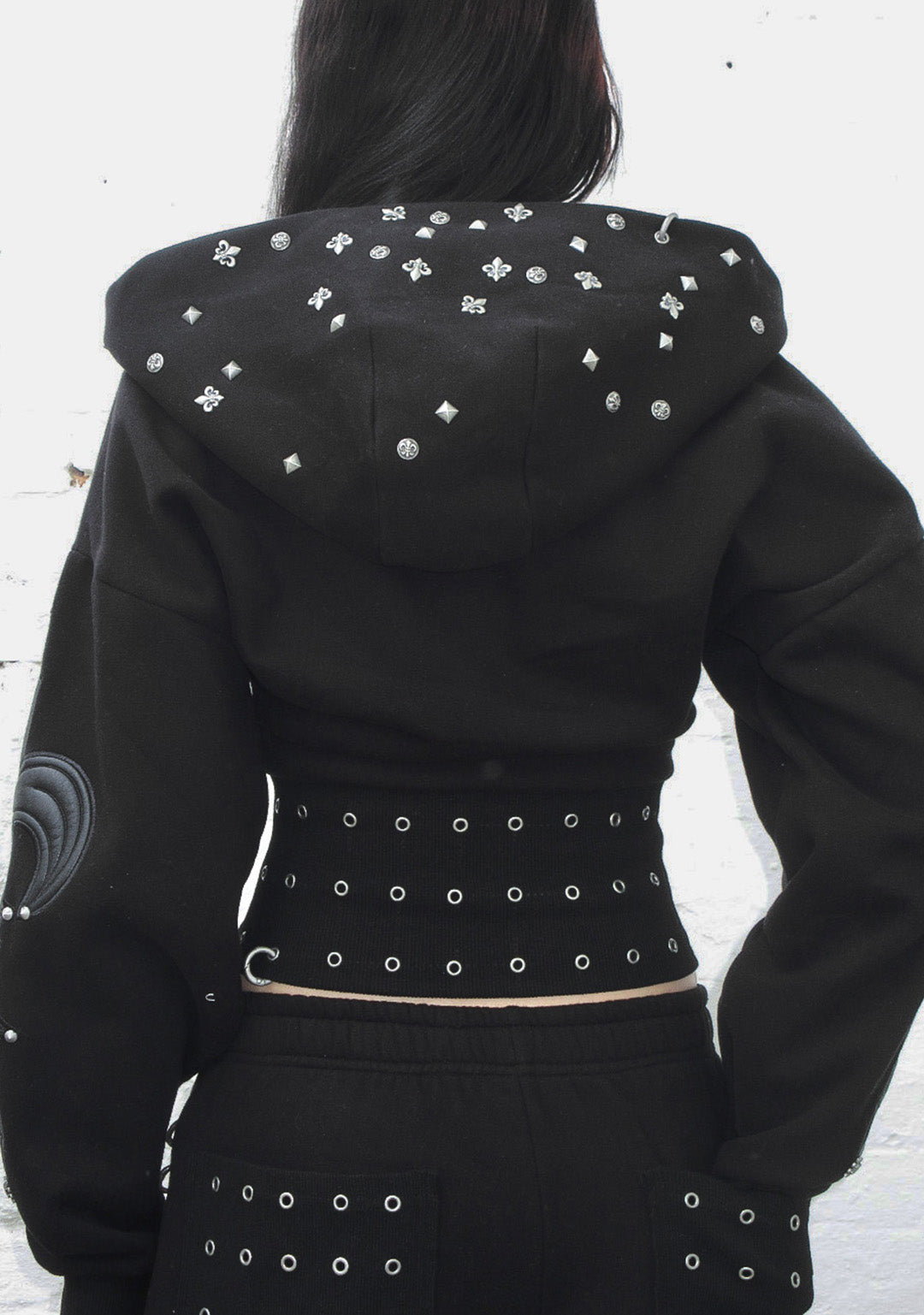 MIDNIGHT STUDDED FITTED WAIST ZIP CROP HOODIE BLACK-Coordom