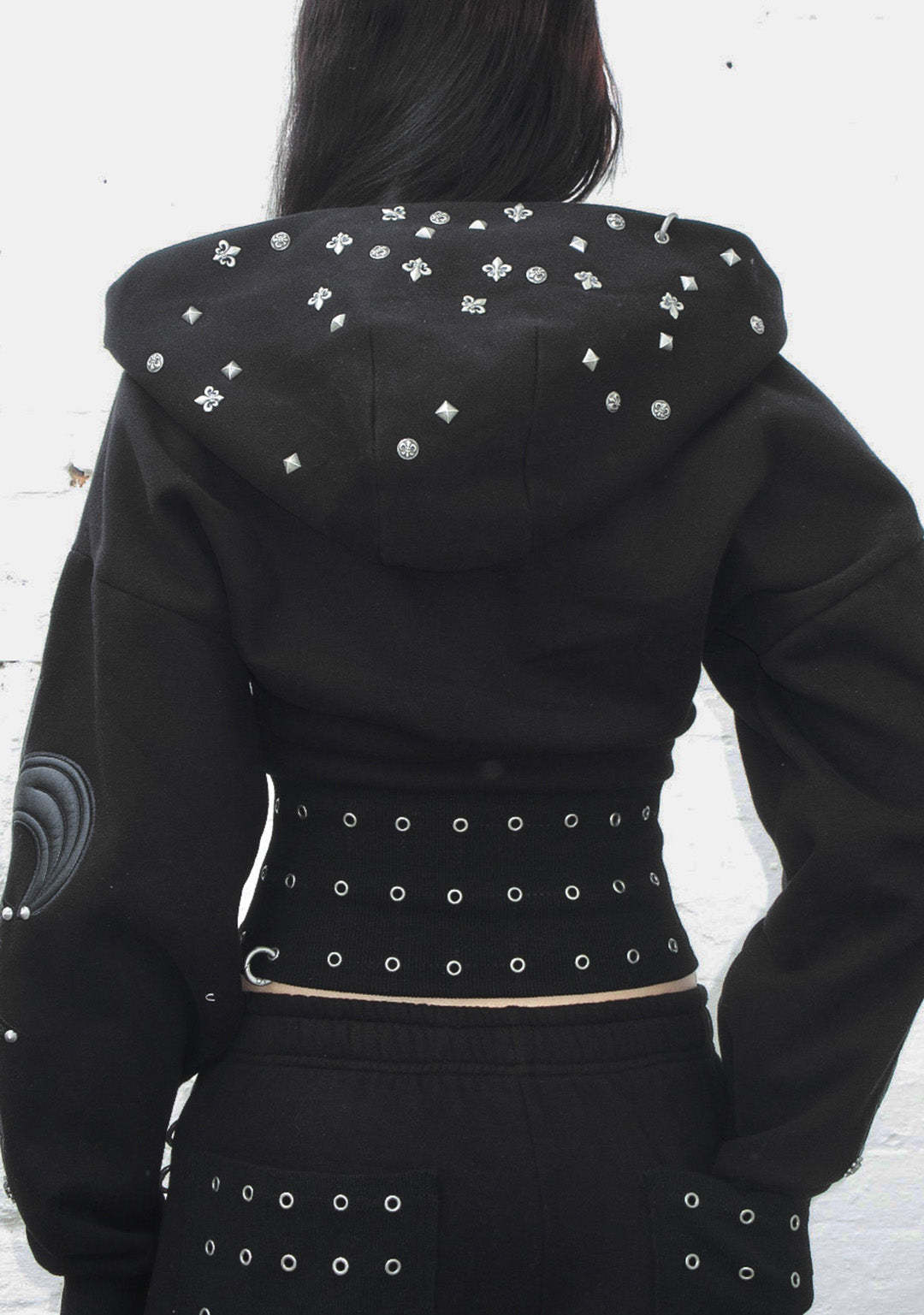 MIDNIGHT STUDDED FITTED WAIST ZIP CROP HOODIE BLACK-Coordom