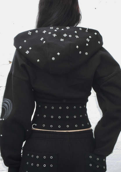 MIDNIGHT STUDDED FITTED WAIST ZIP CROP HOODIE BLACK-Coordom