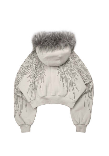 FALLEN FAUX FUR STUDDED CROP ZIP HOODIE BONE (DETACHABLE FUR)-Coordom