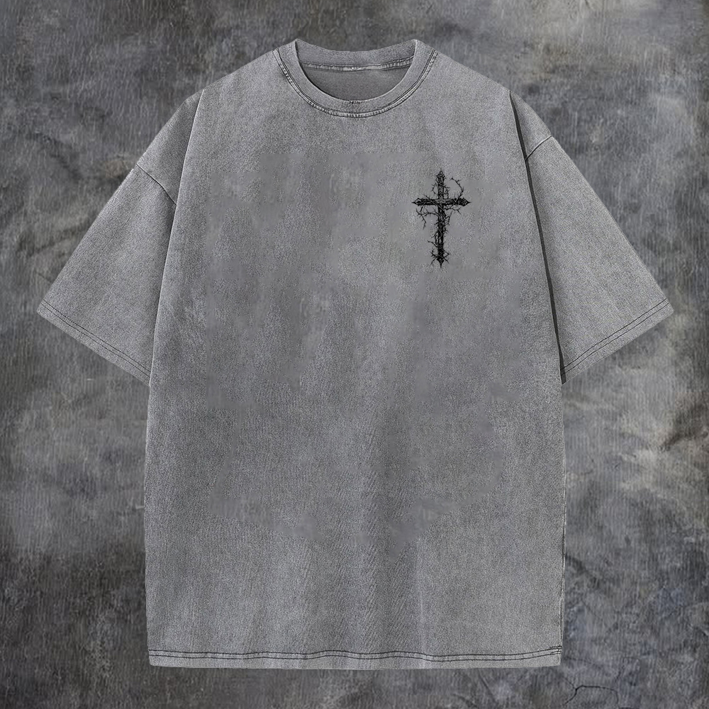 Thorned Cross Printed Men's Washed Tee-Coordom