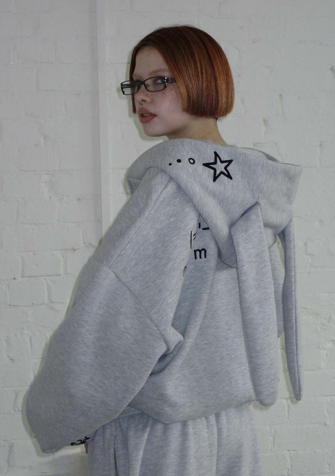 MALFUNCTION BUNNY ZIP HOODIE GREY MARL (DETACHABLE EARS)-Coordom
