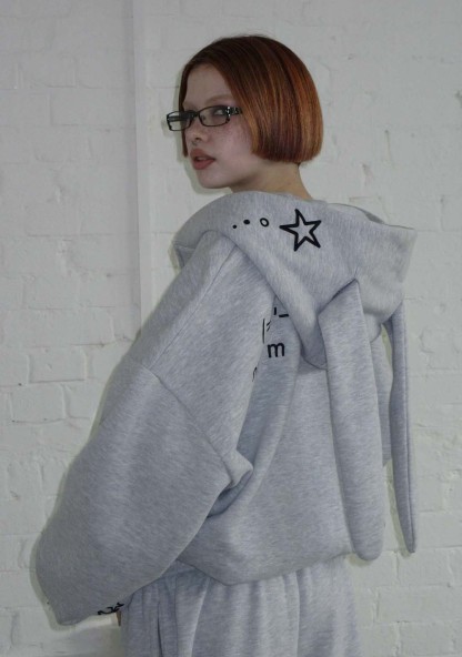 MALFUNCTION BUNNY ZIP HOODIE GREY MARL (DETACHABLE EARS)-Coordom