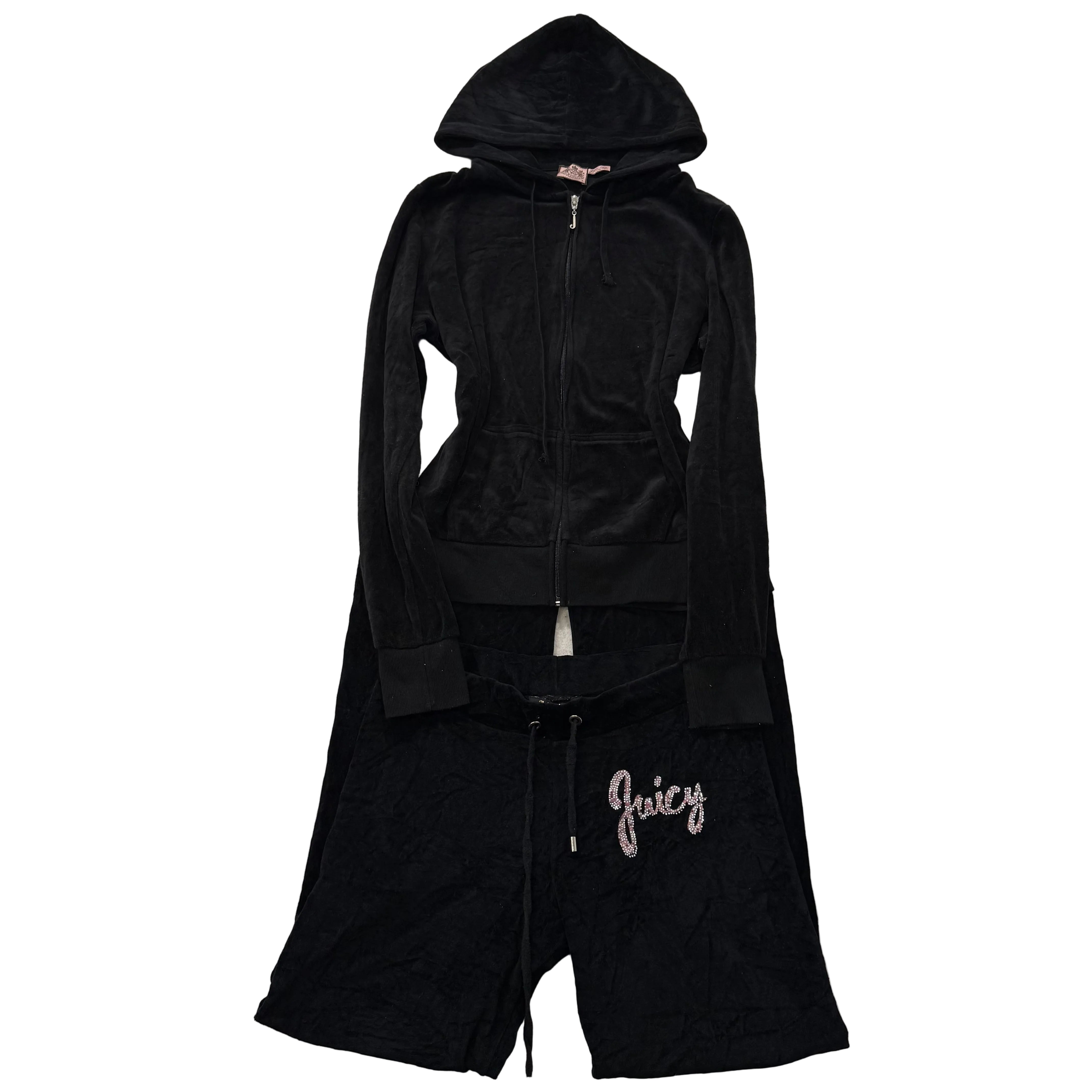 Juicy Couture Black Velour Tracksuit Set Zip Up Hoodie & Flare Pant Logo Size XL-Coordom