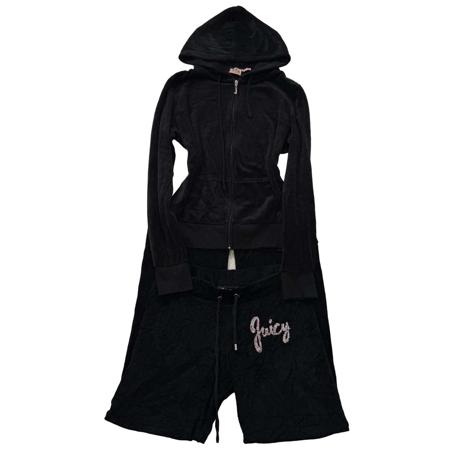 Juicy Couture Black Velour Tracksuit Set Zip Up Hoodie & Flare Pant Logo Size XL-Coordom