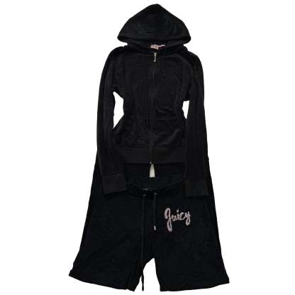Juicy Couture Black Velour Tracksuit Set Zip Up Hoodie & Flare Pant Logo Size XL-Coordom