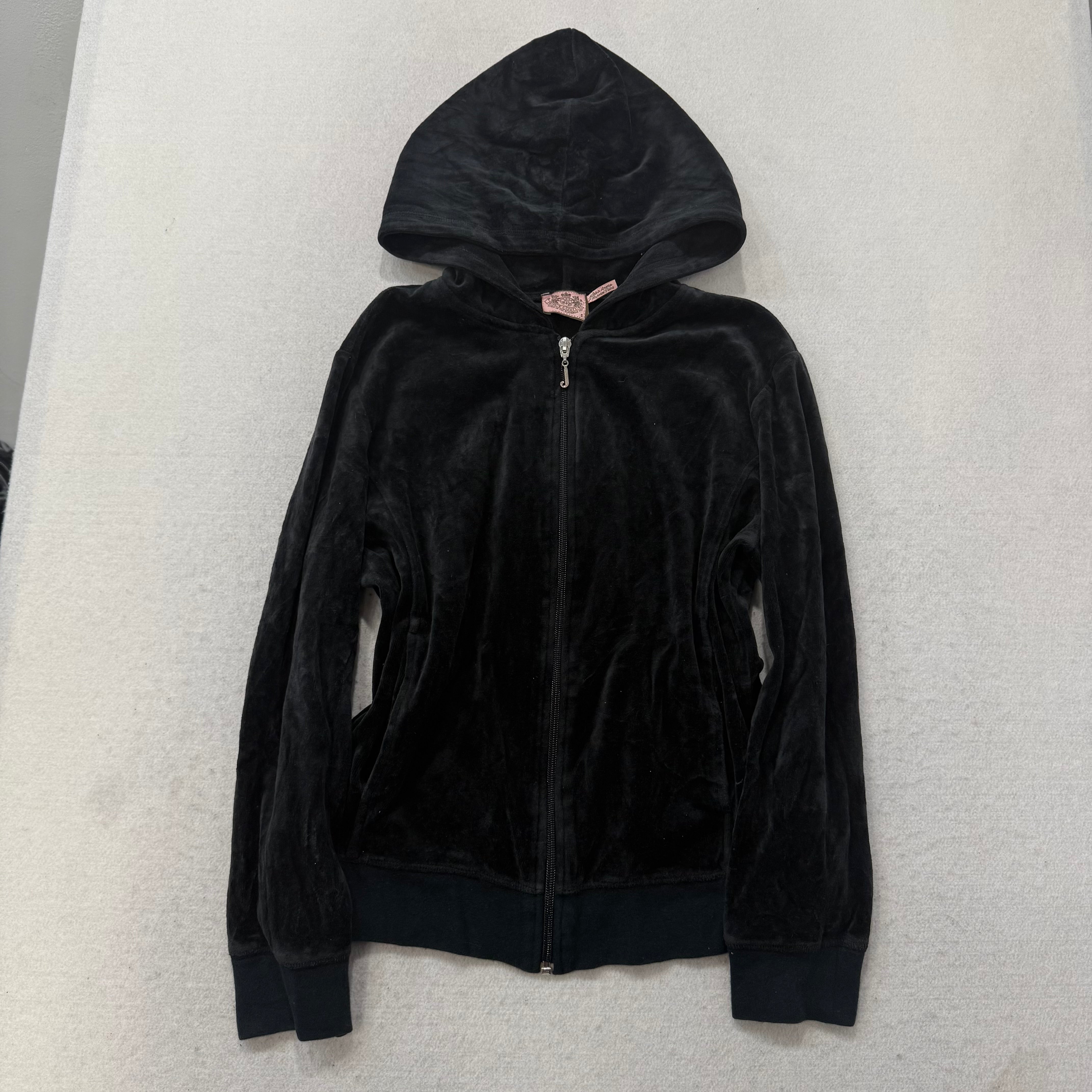 Juicy Couture Women Black Velour Tracksuit Set Zip Up Hoodie & Flare Pant Size S-Coordom