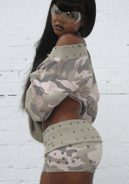 MIDNIGHT STUDDED OFF THE SHOULDER SWEATER CAMO-Coordom
