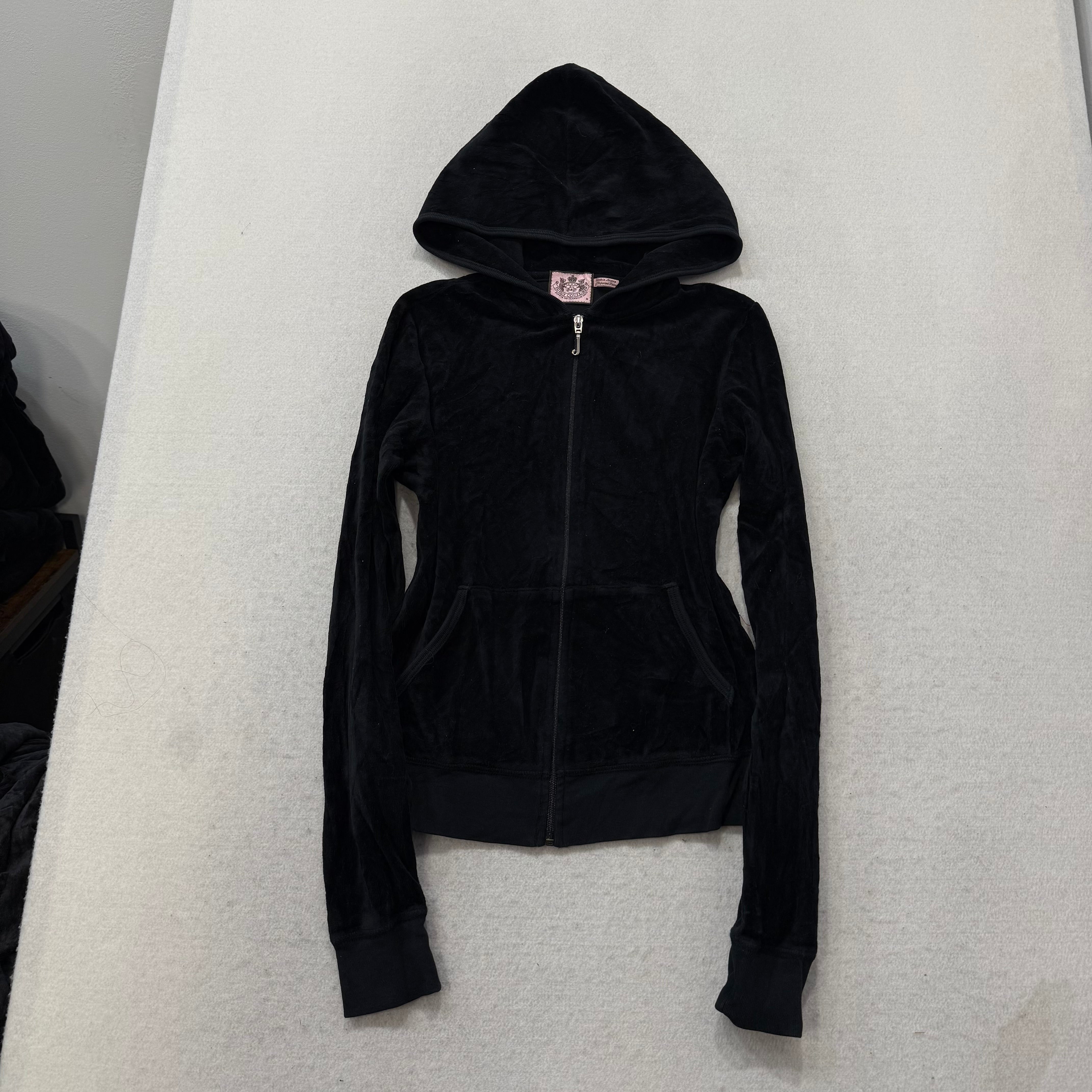 Juicy Couture Black Velour Tracksuit Set Zip Up Hoodie & Flared Pants Y2K Size M-Coordom
