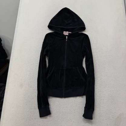 Juicy Couture Black Velour Tracksuit Set Zip Up Hoodie & Flared Pants Y2K Size M-Coordom