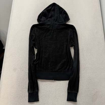 Juicy Couture Black Velour Tracksuit Set Zip Up Hoodie & Flared Pants Y2K Size L-Coordom