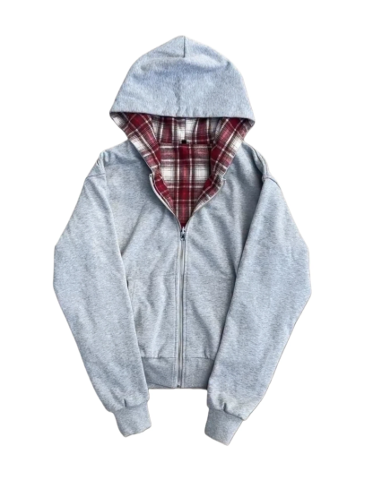 REVERSIBLE PLAID ZIP HOODIE|Streetwear Oversized Vintage Casual Wear-Coordom
