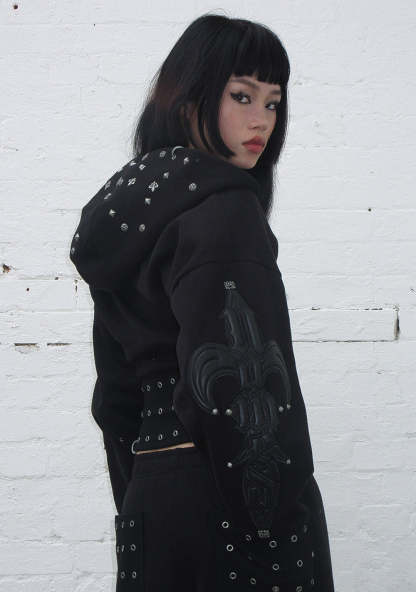 MIDNIGHT STUDDED FITTED WAIST ZIP CROP HOODIE BLACK-Coordom