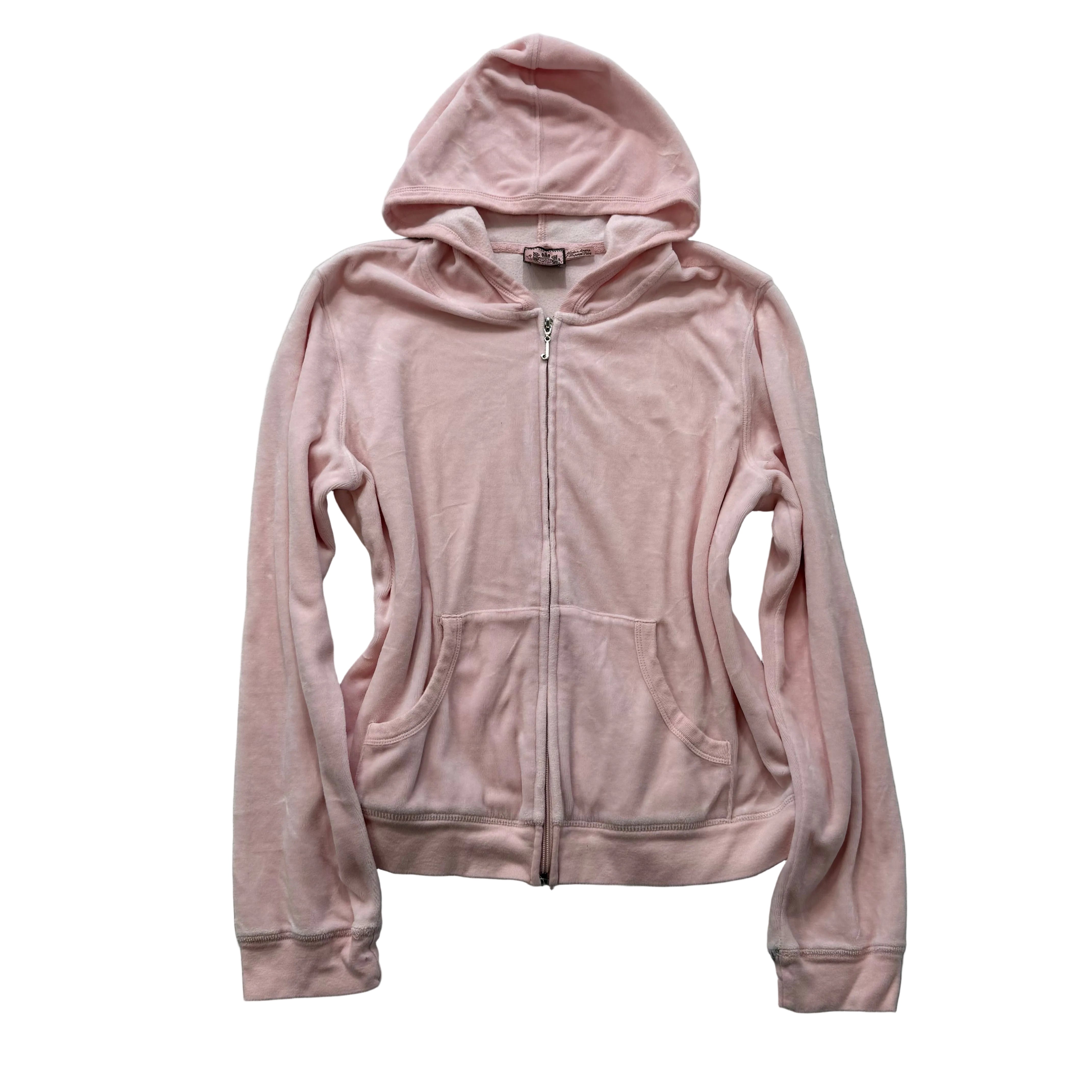 Vintage Juicy Couture Women's Baby Pink Velour Full Zip Hoodie Pockets Size L-Coordom
