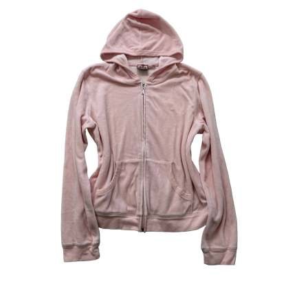 Vintage Juicy Couture Women's Baby Pink Velour Full Zip Hoodie Pockets Size L-Coordom