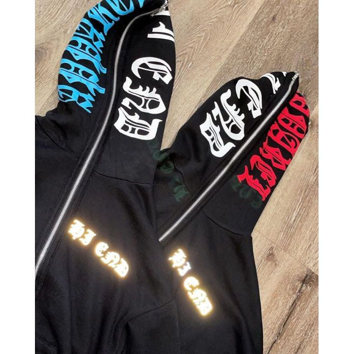 Retro casual personality letter pattern printing full zipper hoodie-Coordom