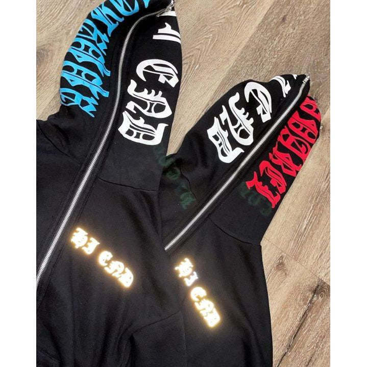 Retro casual personality letter pattern printing full zipper hoodie-Coordom