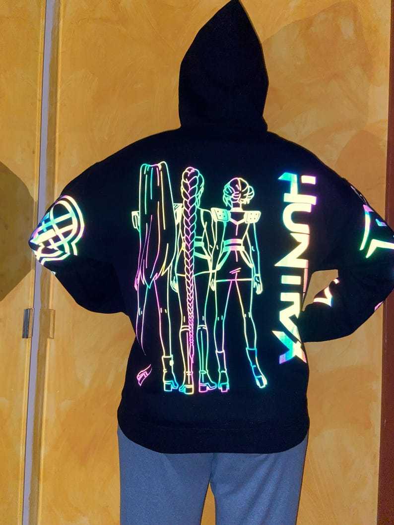 Huntr.x Rainbow Reflective Hoodie, loose fitting nighttime riding garment pullover-Coordom