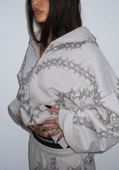  RHINESTONE ZIP HOODIE SMOKE GREY-Coordom