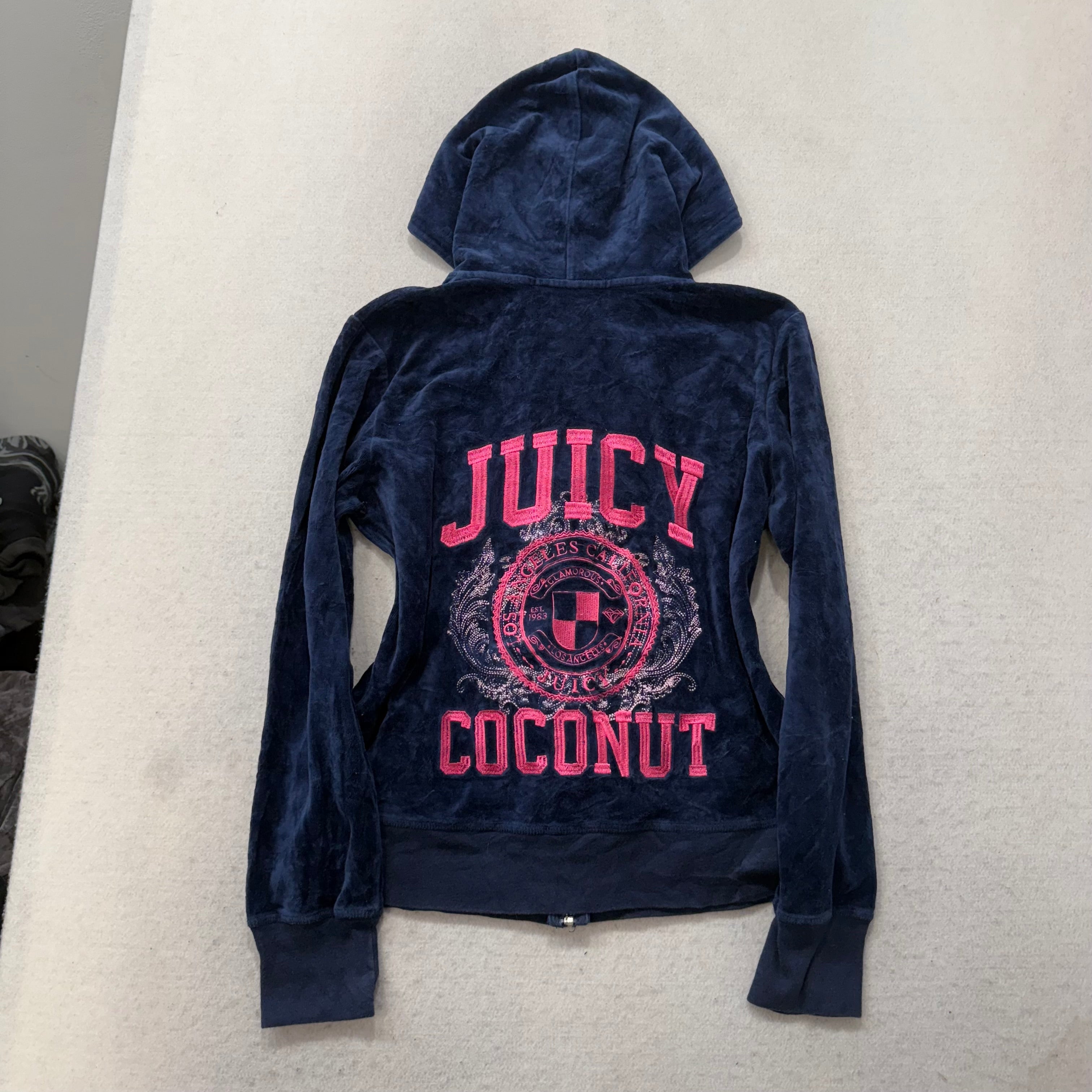 Juicy Couture “Juicy Coconut” Navy Velour Tracksuit Set Hoodie & Pants Size XL-Coordom