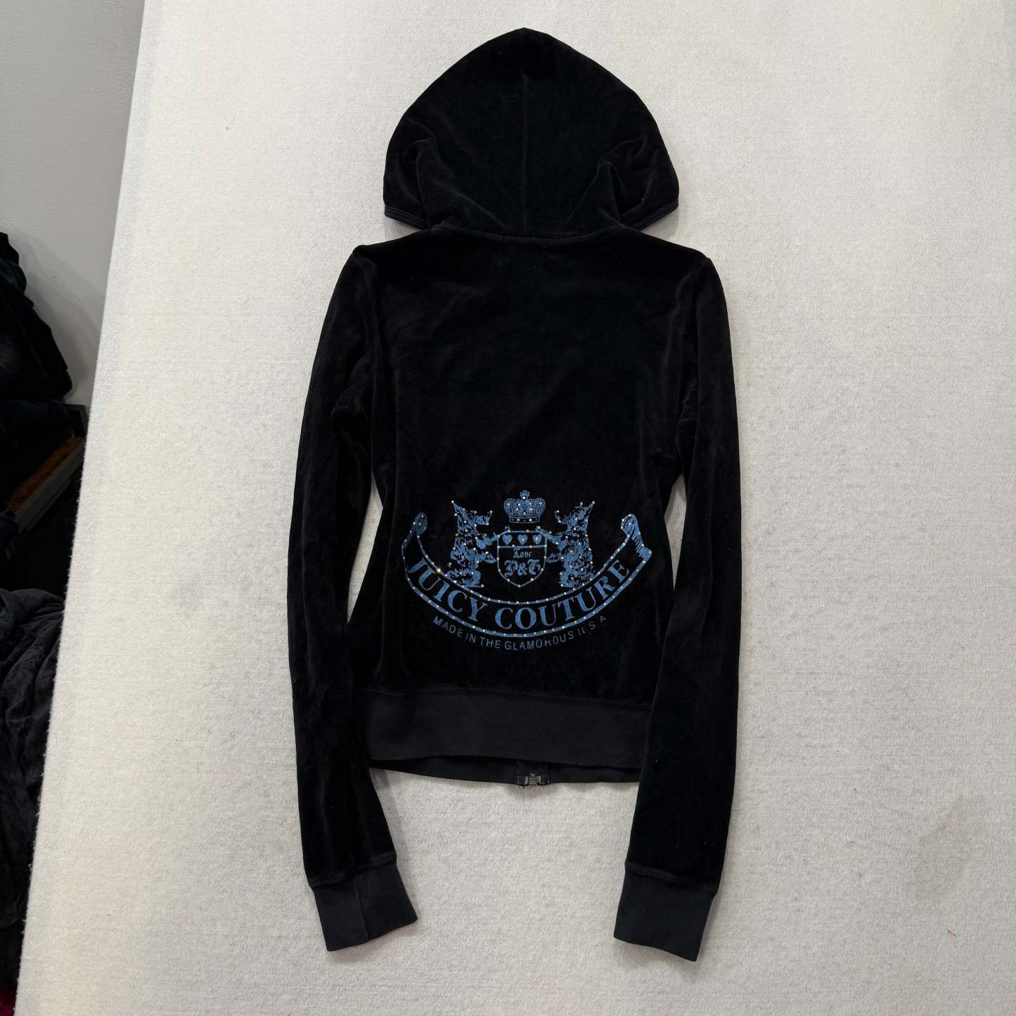 Juicy Couture Black Velour Tracksuit Set Zip Up Hoodie & Flared Pant Logo Size M-Coordom